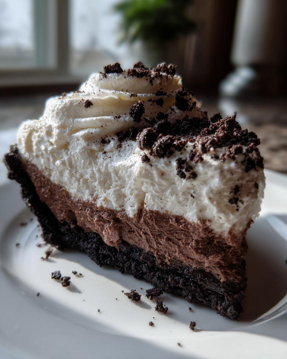 A decadent slice of layered Oreo pie featuring a dark crust, chocolate mousse, and white whipped cream topping sprinkled with crumbs.