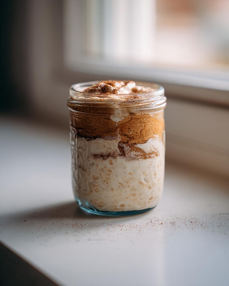 A jar of layered overnight oats topped with cream and cinnamon powder, sitting by a window.