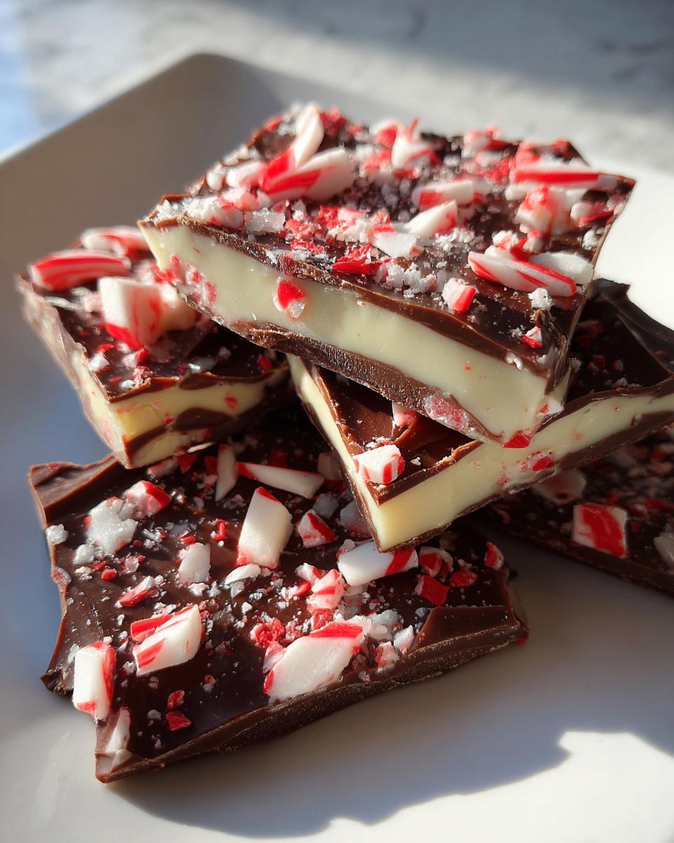 Close-up of stacked squares of homemade peppermint bark showing dark chocolate, white filling, and crushed candy canes.