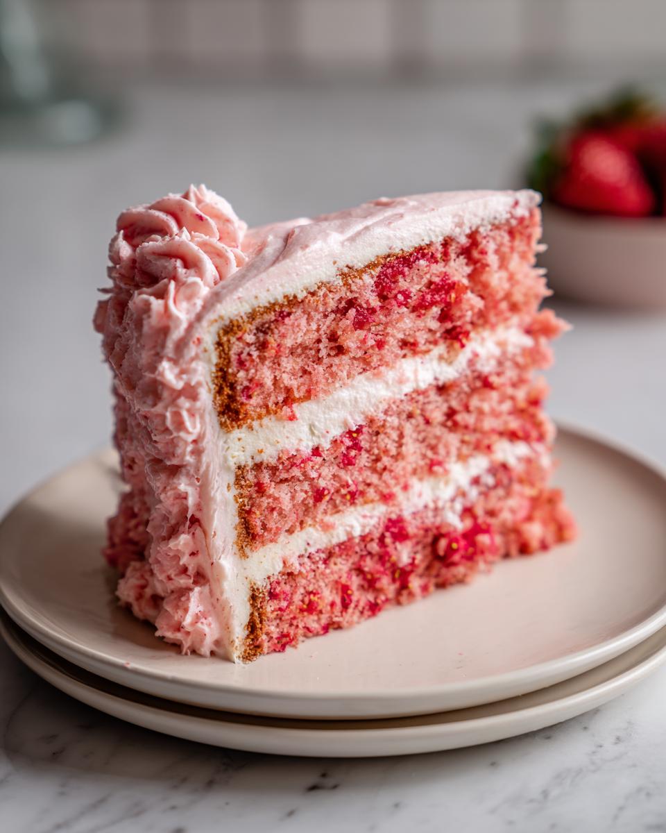 A tall, moist slice of homemade strawberry cake with three pink layers separated by white frosting.