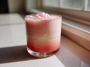 A layered, frothy glass of homemade strawberry milk, topped with crushed ice.
