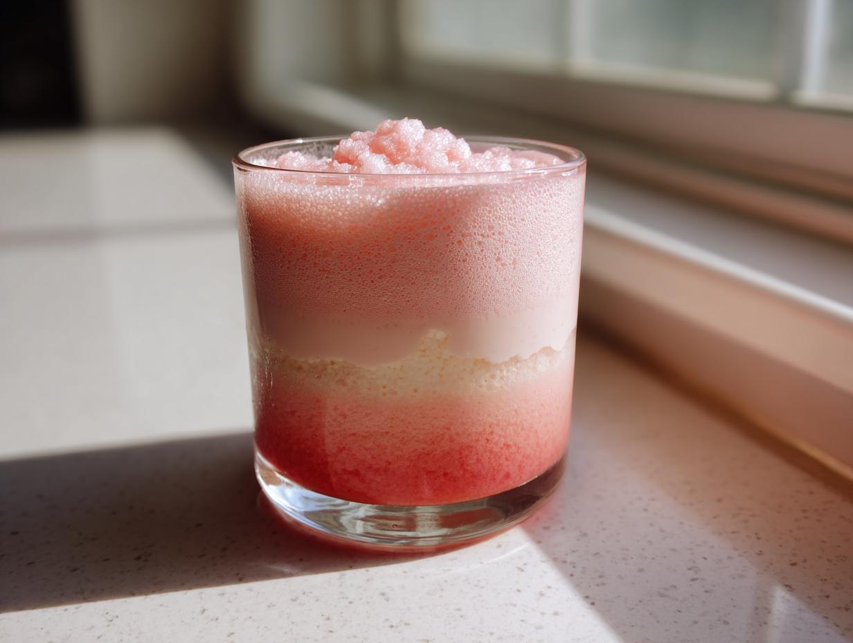 A layered, frothy glass of homemade strawberry milk, topped with crushed ice.