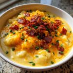 A close-up of a bowl of creamy potato soup recipe topped generously with melted cheddar cheese, crispy bacon bits, and fresh chives.