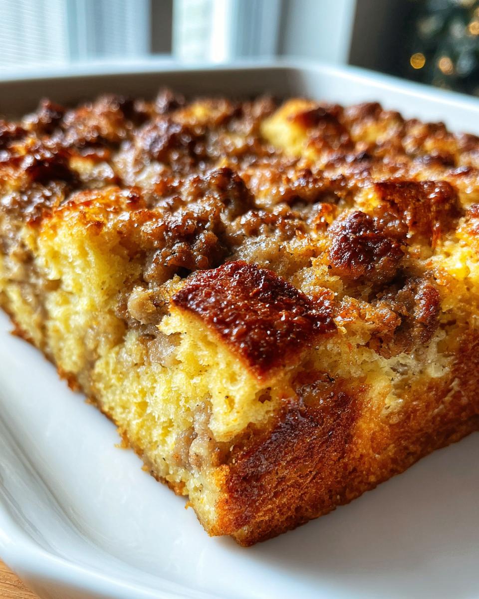 Close-up of a golden brown, baked slice of low-calorie stuffing with a crispy top layer.