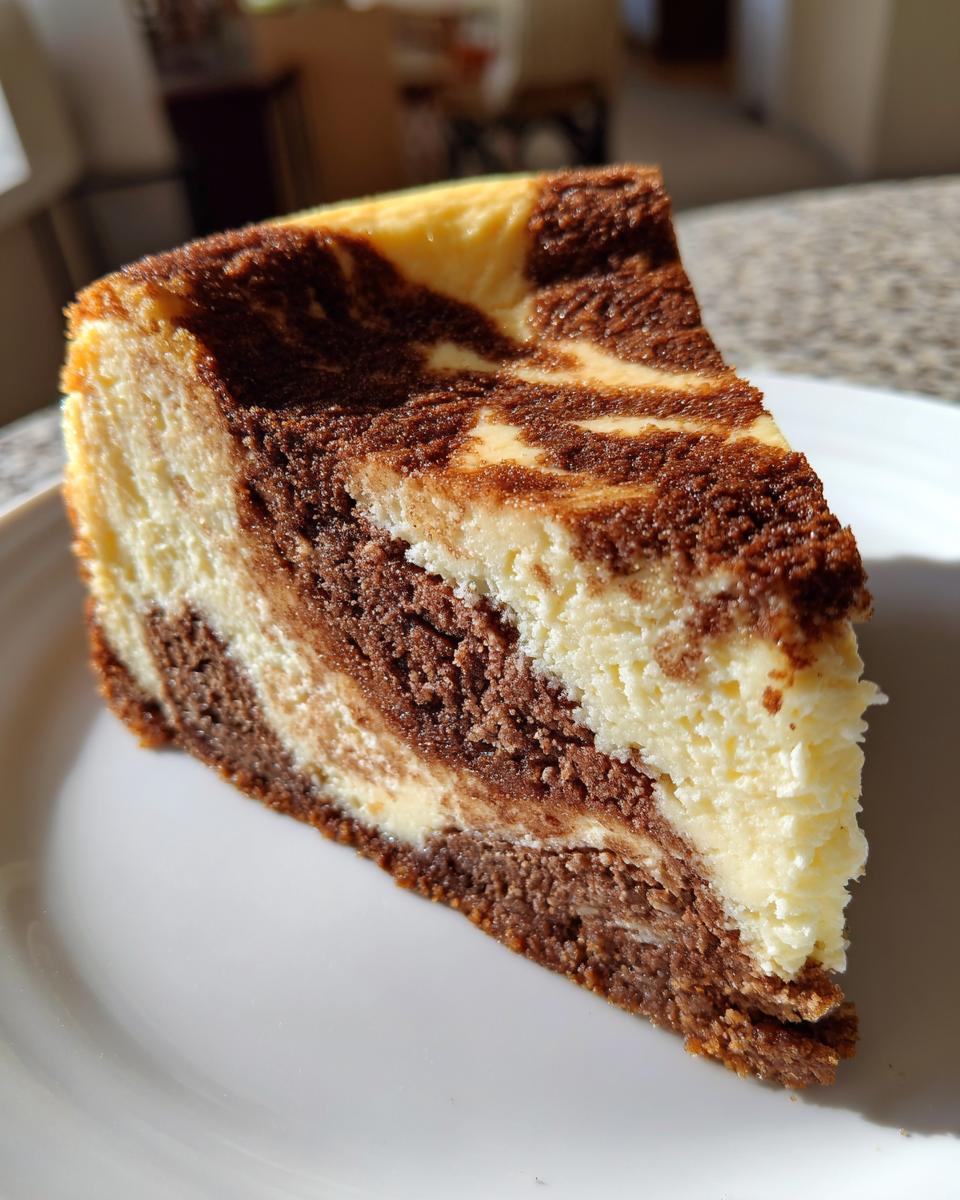Close-up of a slice of marbled snickerdoodle cheesecake showing swirls of brown and cream filling on a white plate.