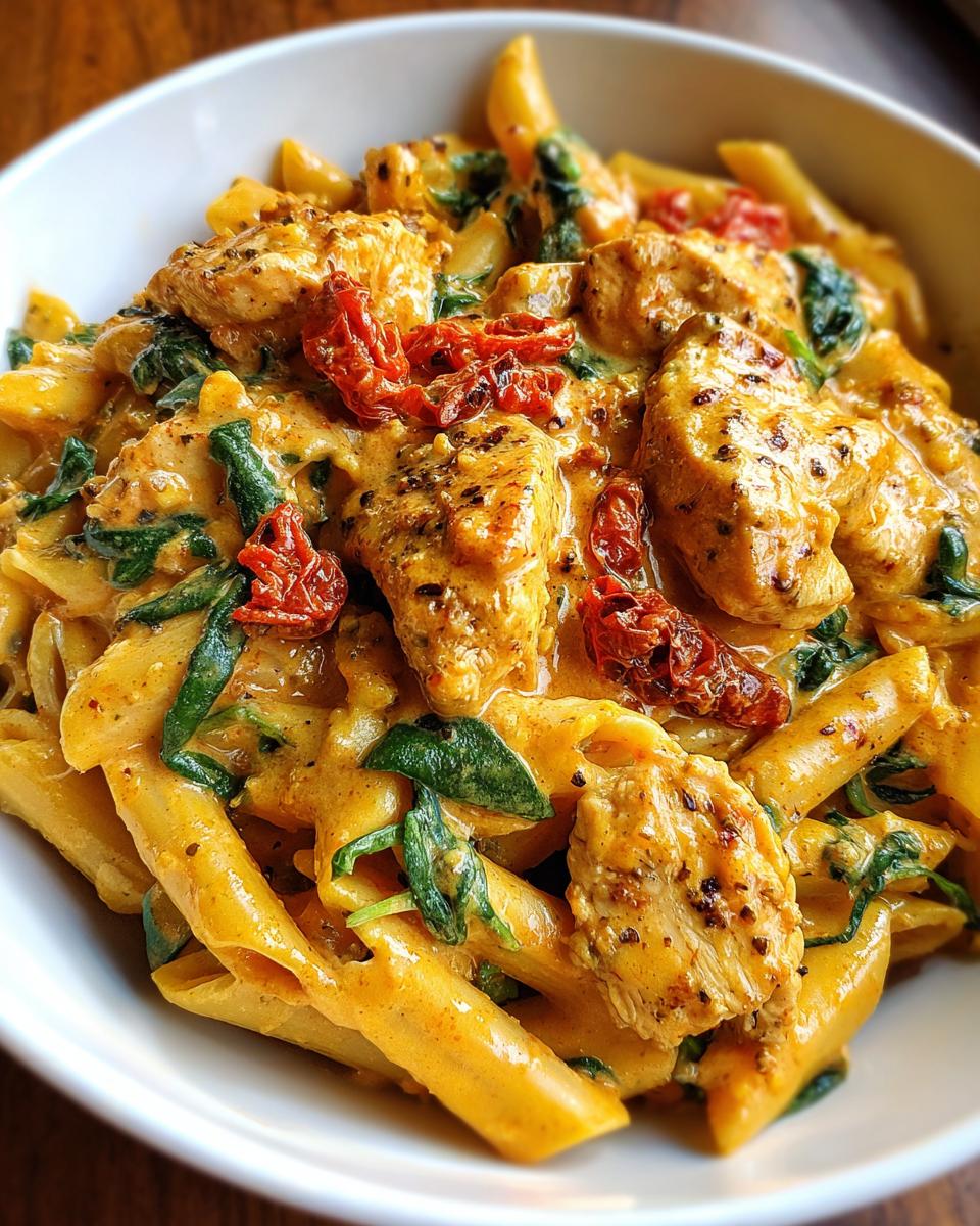 Close-up of a bowl of marry me chicken pasta featuring penne, creamy sauce, spinach, and sun-dried tomatoes.
