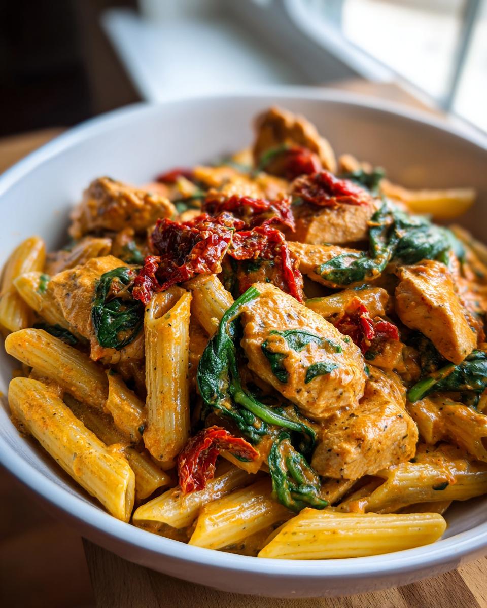 A close-up bowl of creamy marry me chicken pasta featuring penne, chunks of chicken, spinach, and sun-dried tomatoes.