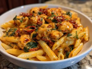 Close-up of creamy Marry Me Chicken Pasta with penne, chicken pieces, spinach, and sun-dried tomatoes.