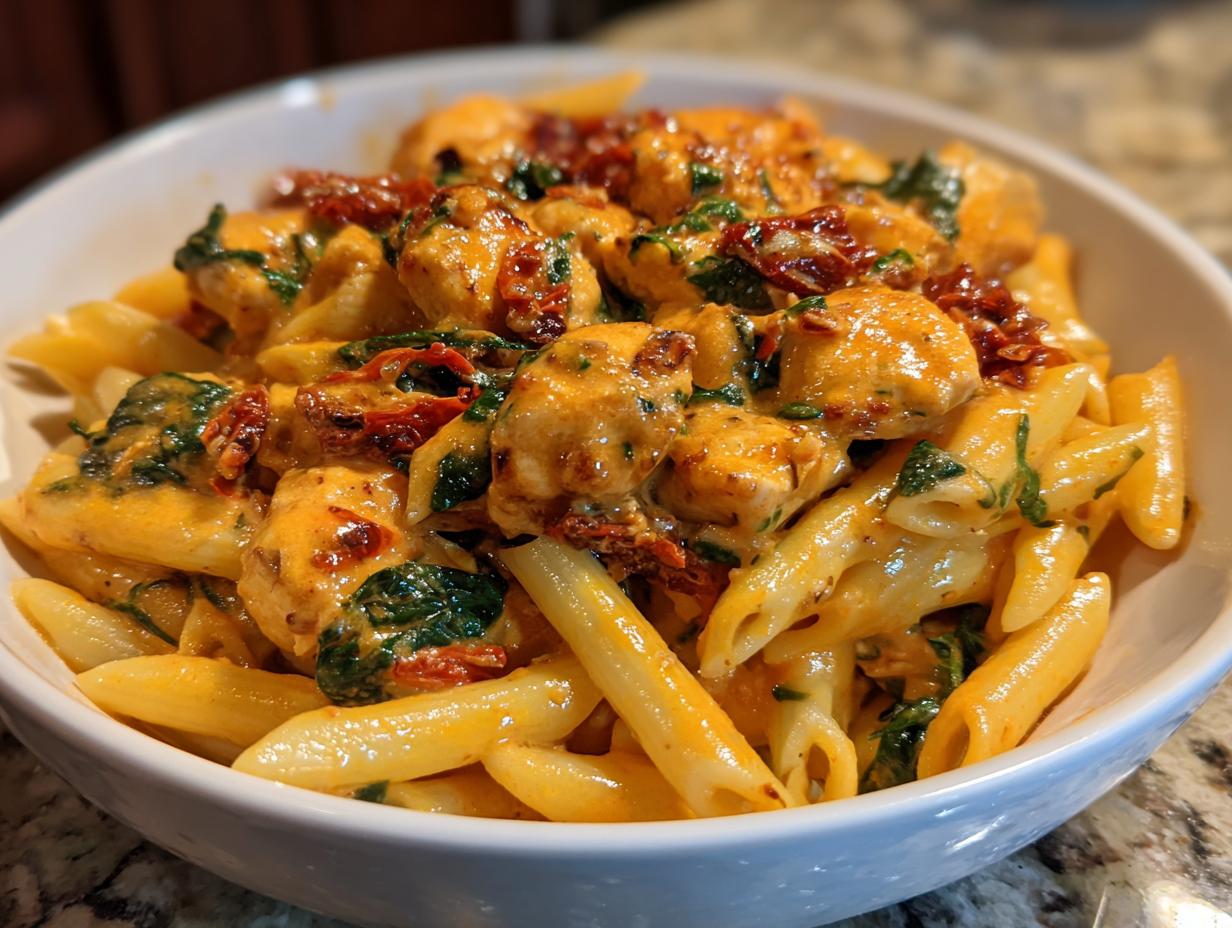 Close-up of creamy Marry Me Chicken Pasta with penne, chicken pieces, spinach, and sun-dried tomatoes.