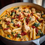 Close-up of creamy Marry Me Chicken Pasta with penne, chicken chunks, spinach, and sun-dried tomatoes.