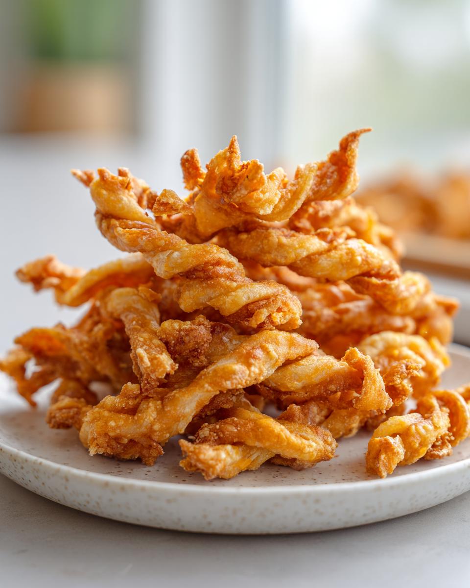 A tall stack of golden brown, twisted, and crispy cheese straws piled high on a speckled white plate.