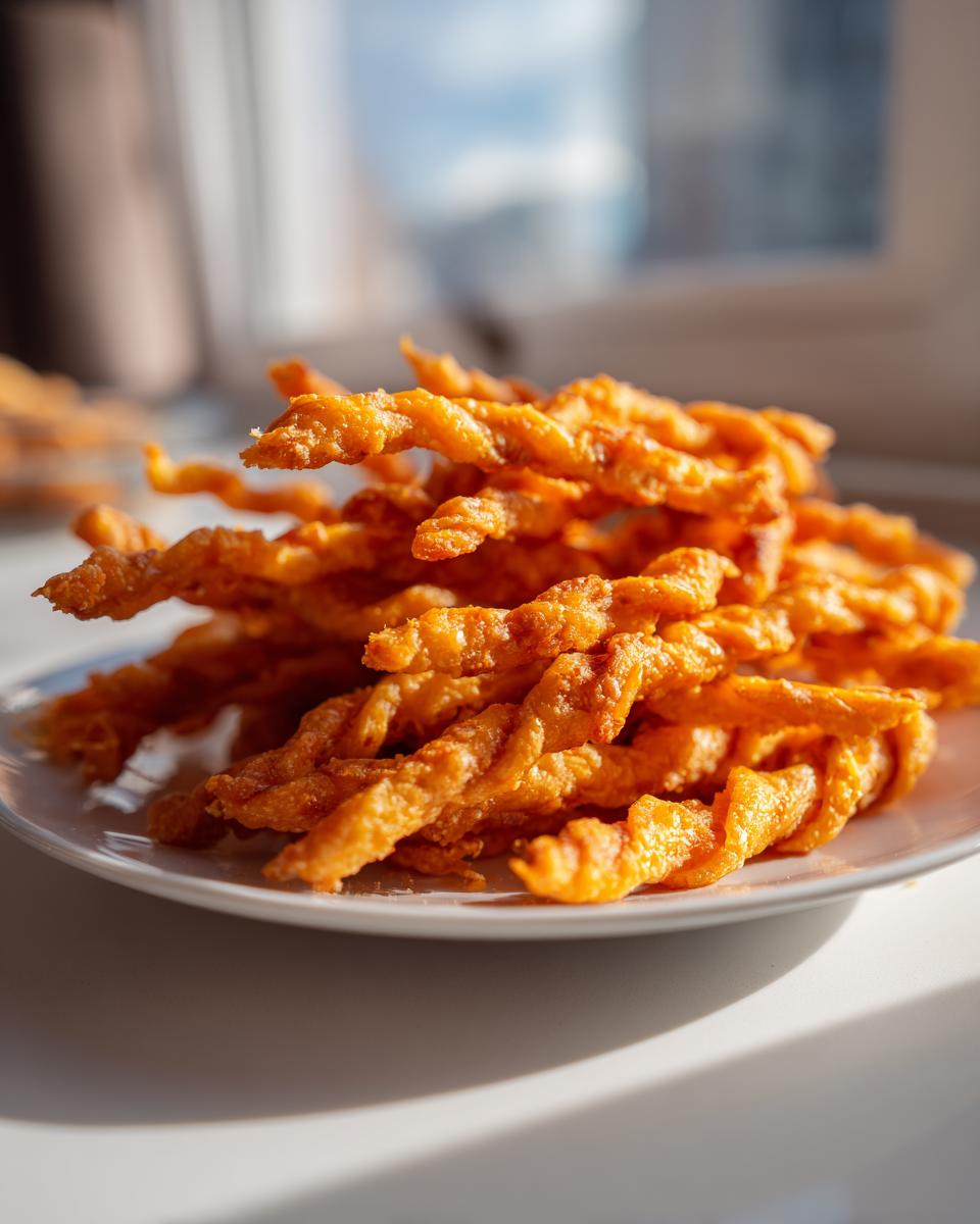 A close-up of a pile of golden, twisted cheese straws served on a white plate, catching bright sunlight.