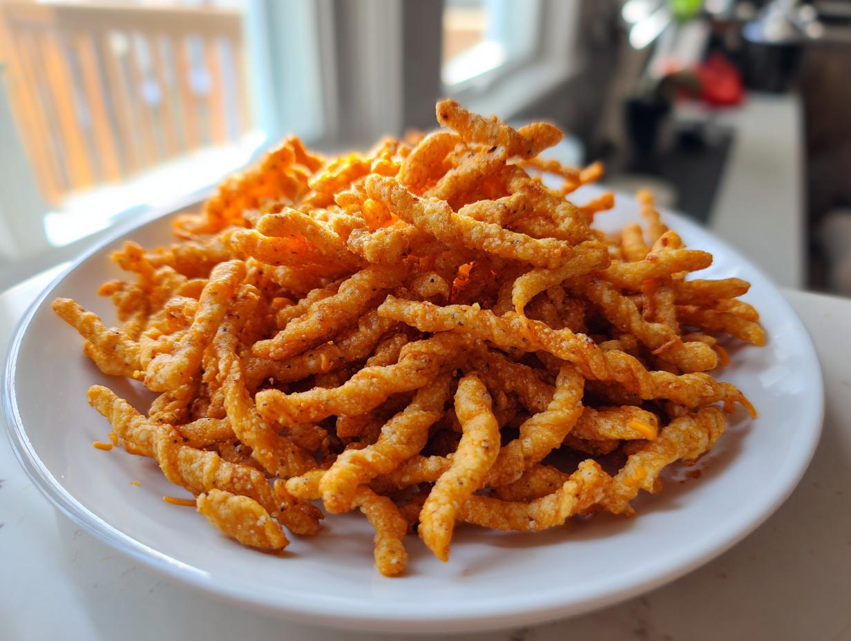 A large mound of freshly baked, golden brown, twisted cheese straws piled high on a white serving plate.