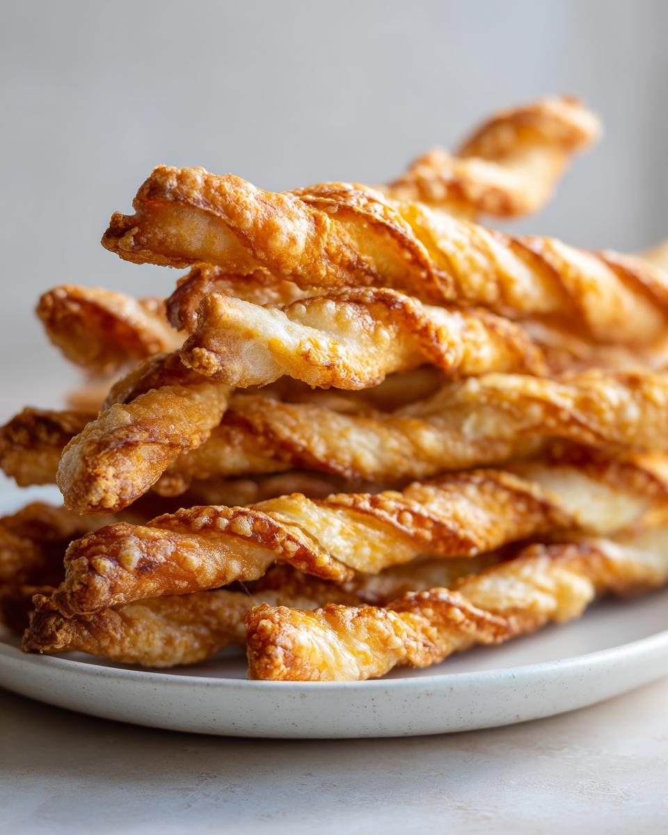 A close-up stack of golden, flaky, and twisted cheese straws piled high on a light plate.