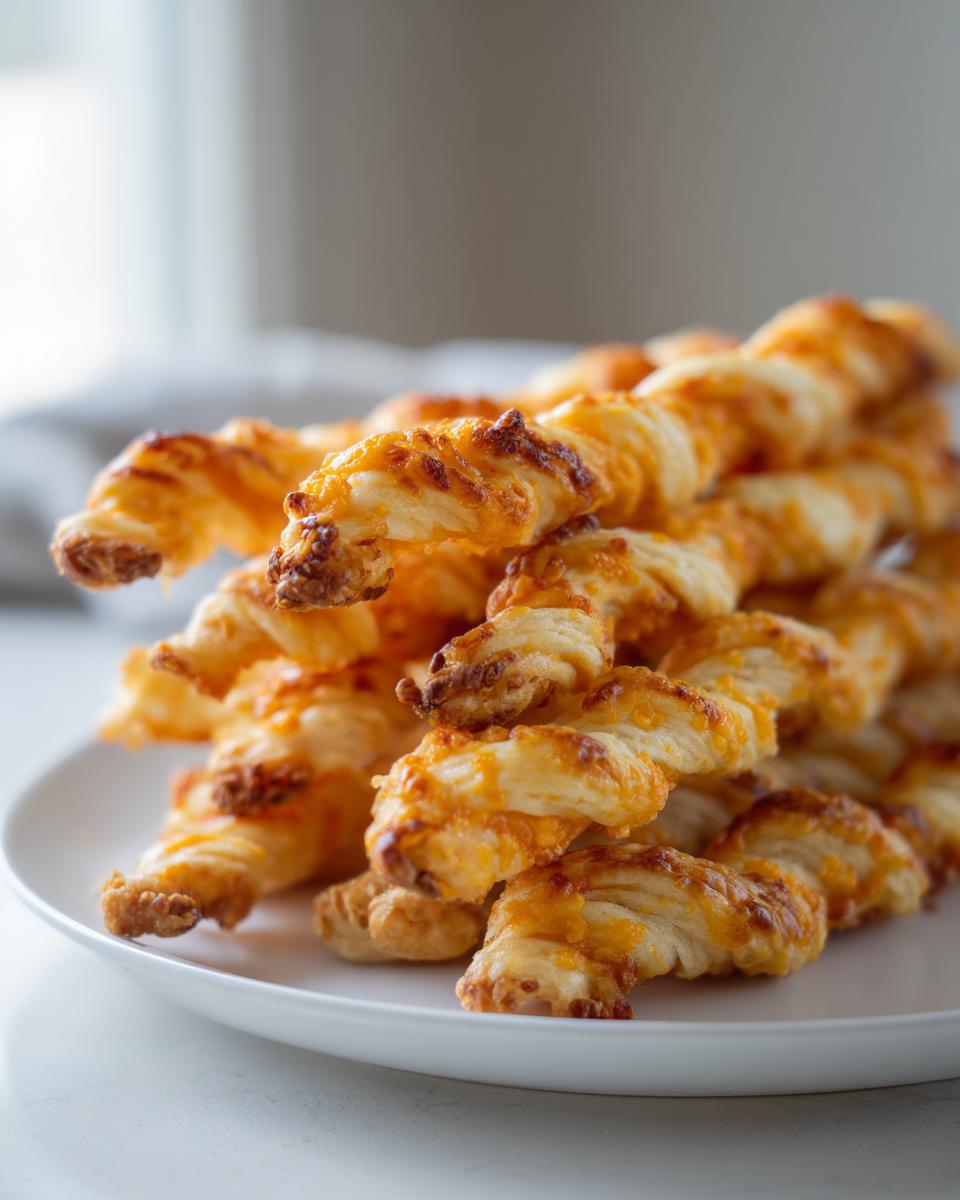 A close-up stack of golden, flaky, twisted cheese straws piled high on a white plate.
