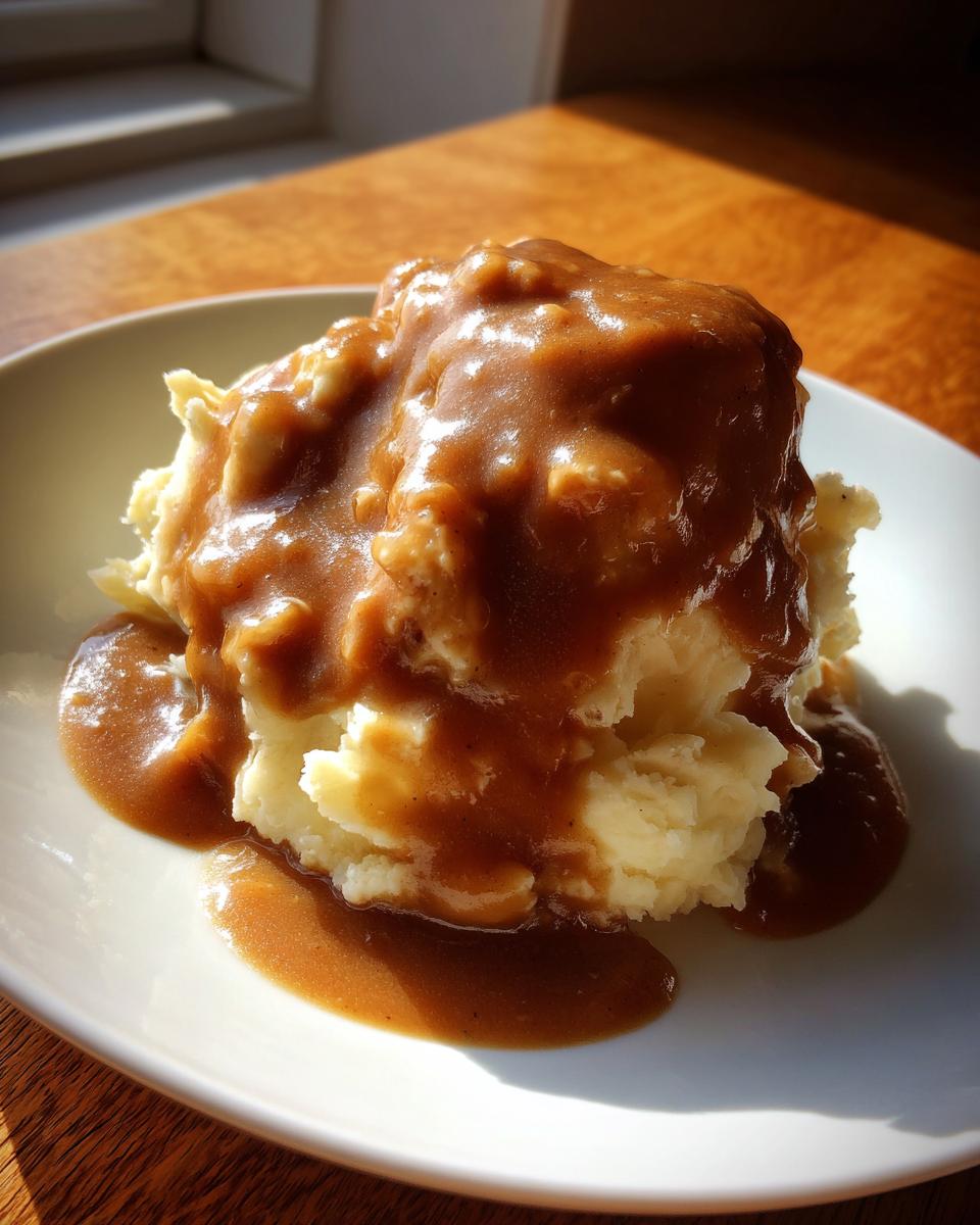 A mound of fluffy mashed potatoes generously topped with smooth, brown chicken gravy.