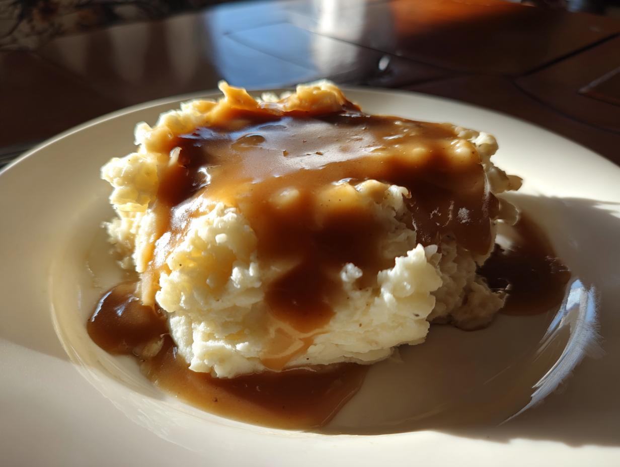 A scoop of fluffy mashed potatoes generously topped with rich, brown chicken gravy on a white plate.