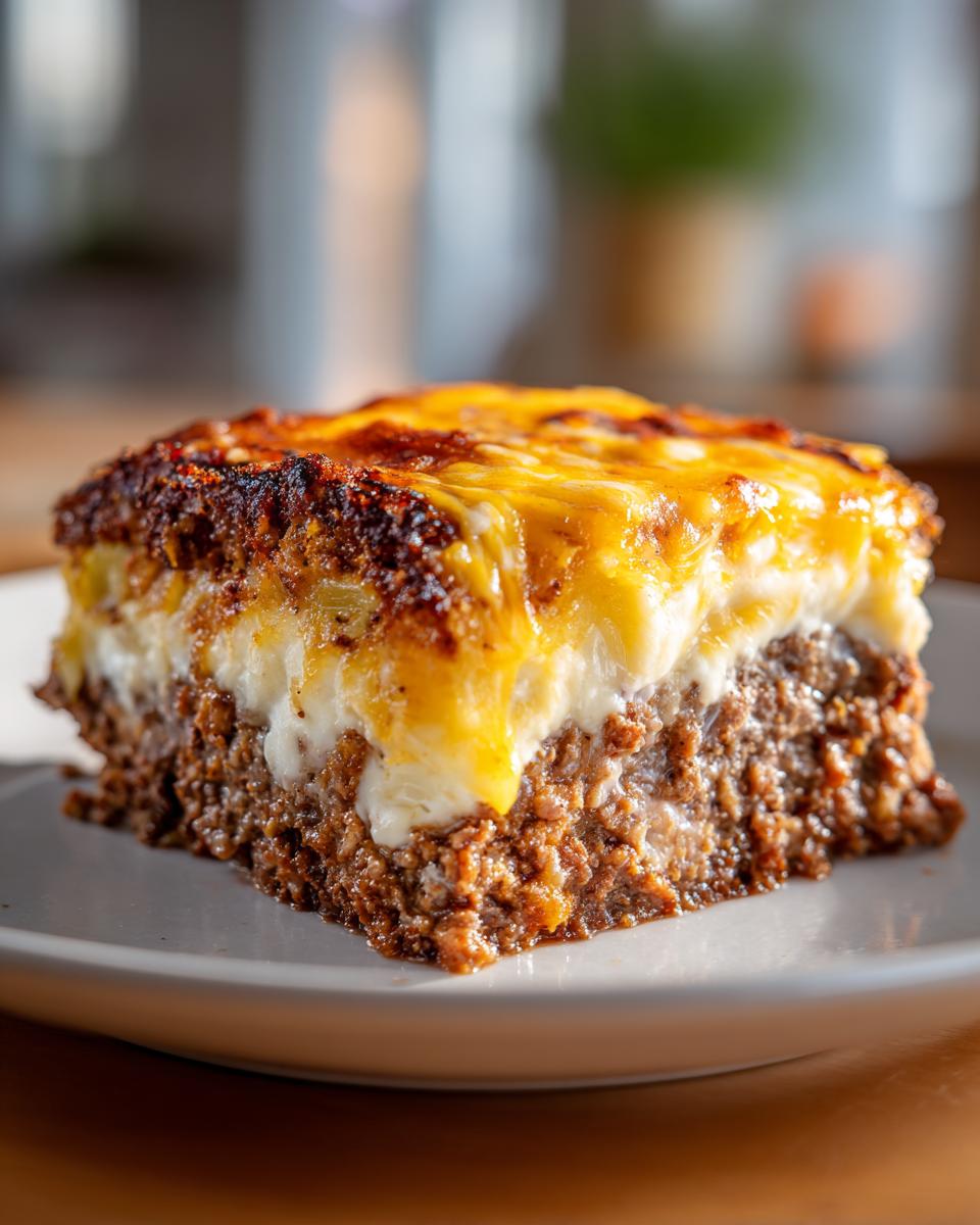 A close-up slice of rich meatloaf casserole topped with creamy white sauce and melted, browned cheese.