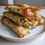 A stack of golden, crispy Mediterranean Spinach and Feta Cheese Crisps on a white plate.