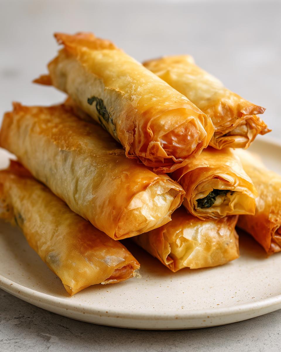 A stack of golden brown, crispy Mediterranean Spinach and Feta Cheese Crisps on a light plate.