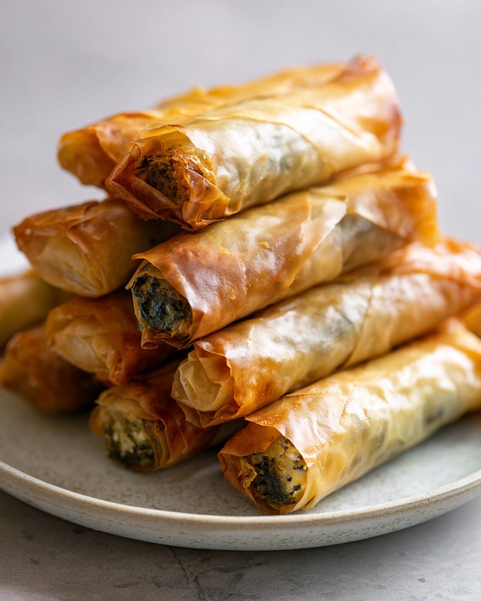 A stack of golden, crispy Mediterranean Spinach and Feta Cheese Crisps made with flaky phyllo dough.