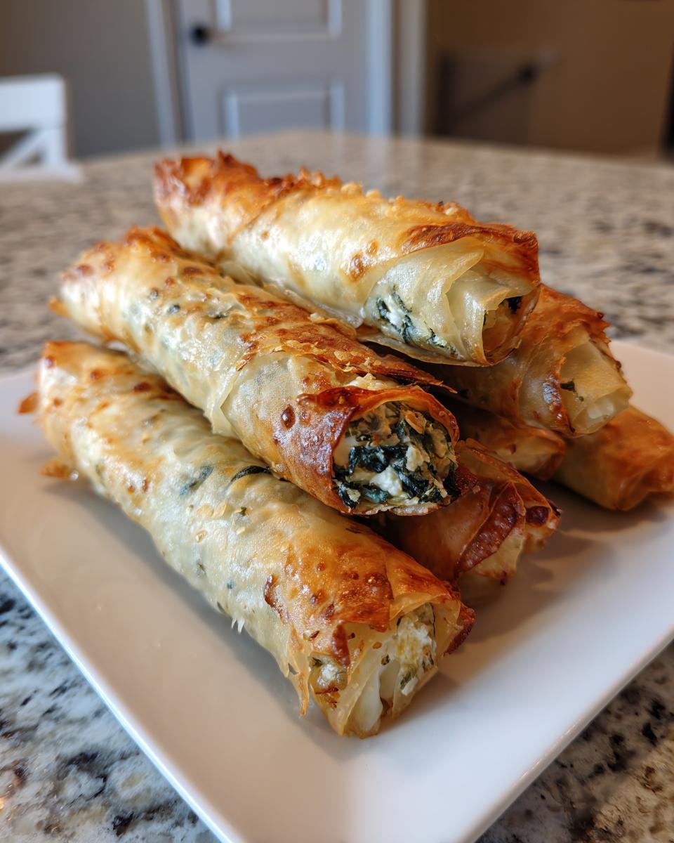 A stack of crispy, golden Mediterranean Spinach and Feta Cheese Crisps on a white plate.