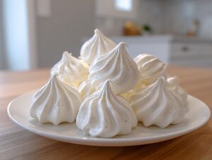 A pile of perfectly piped, white meringue cookies stacked on a white plate resting on a wooden table.