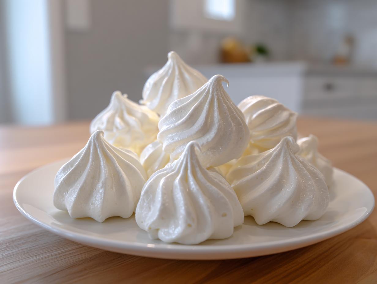 A pile of perfectly piped, white meringue cookies stacked on a white plate resting on a wooden table.