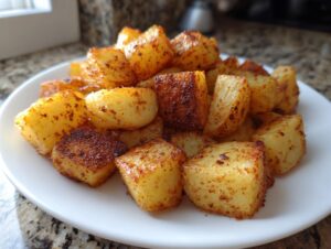 A close-up of golden-brown, cubed Mexican Potatoes seasoned with spices, served on a white plate.