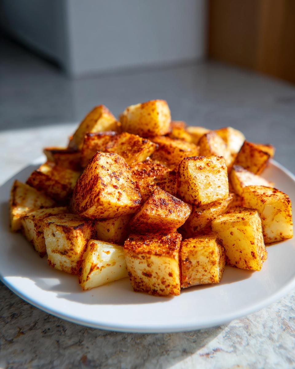 A close-up of roasted, cubed Mexican potatoes seasoned with spices piled high on a white plate.