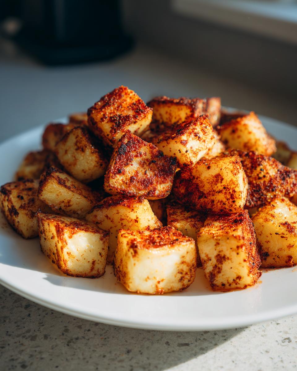 A close-up of cubed, roasted Mexican Potatoes heavily seasoned with chili powder, piled high on a white plate.
