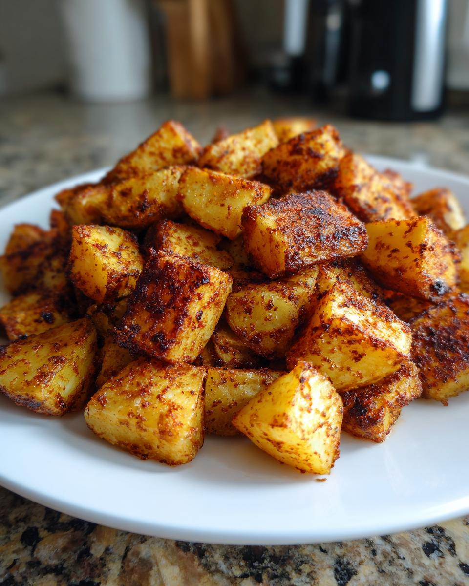 A close-up of a mound of crispy, golden Mexican Potatoes seasoned with dark spices, served on a white plate.