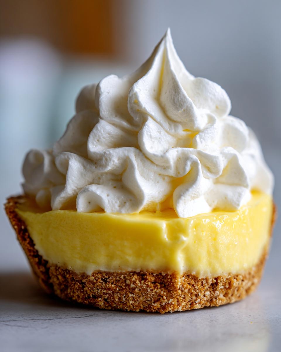 Close-up of a single-serving lemon pie with a graham cracker crust and a swirl of whipped cream.