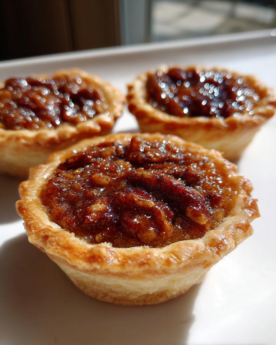 Three glistening mini pecan pies with flaky crusts sitting on a white plate, highlighting the rich filling.