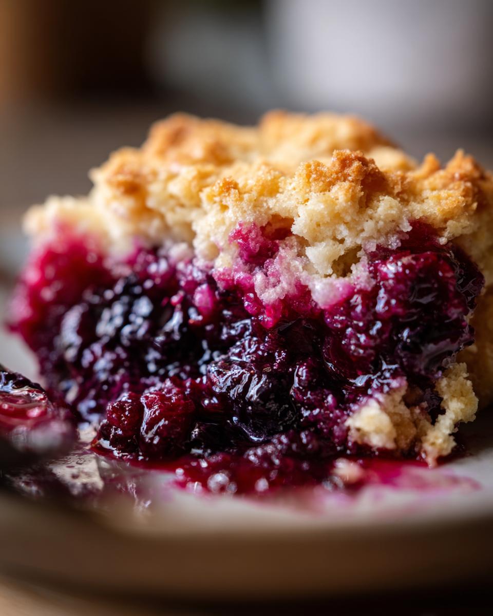A close-up, macro shot of a serving of mixed berry cobbler showing the deep purple, juicy berry filling beneath a golden, crumbly topping.