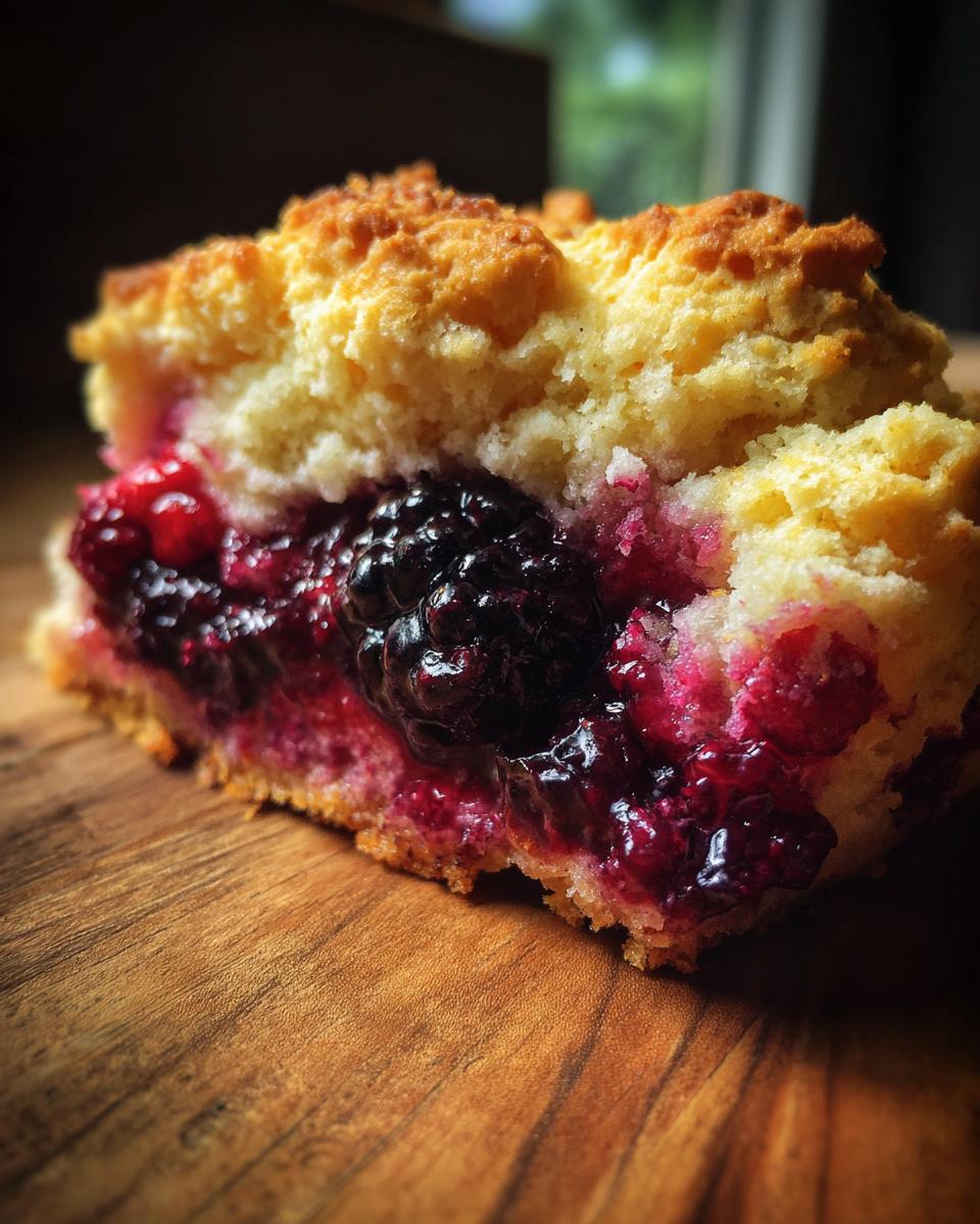 A close-up, rustic shot of a single serving of mixed berry cobbler showing juicy berries and a golden topping.
