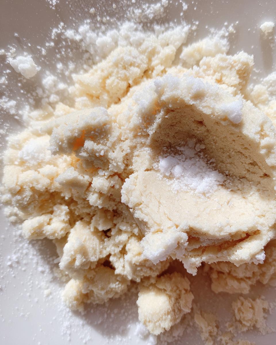 Close-up of crumbly, pale yellow almond mixture with white powdered sugar being mixed for a marzipan recipe.