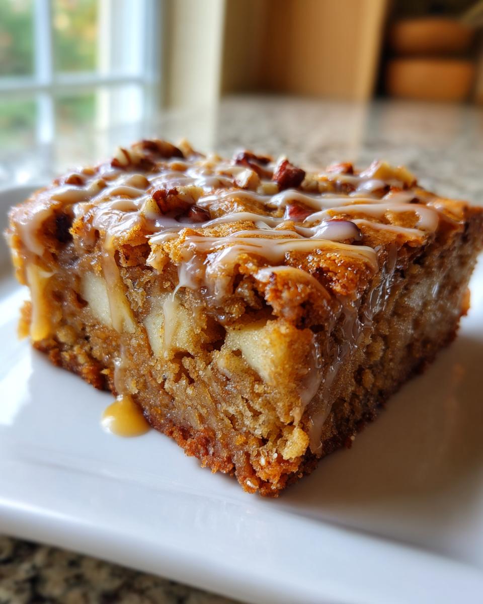 A close-up of a single square of moist apple brownies, topped with a white glaze drizzle and chopped pecans.
