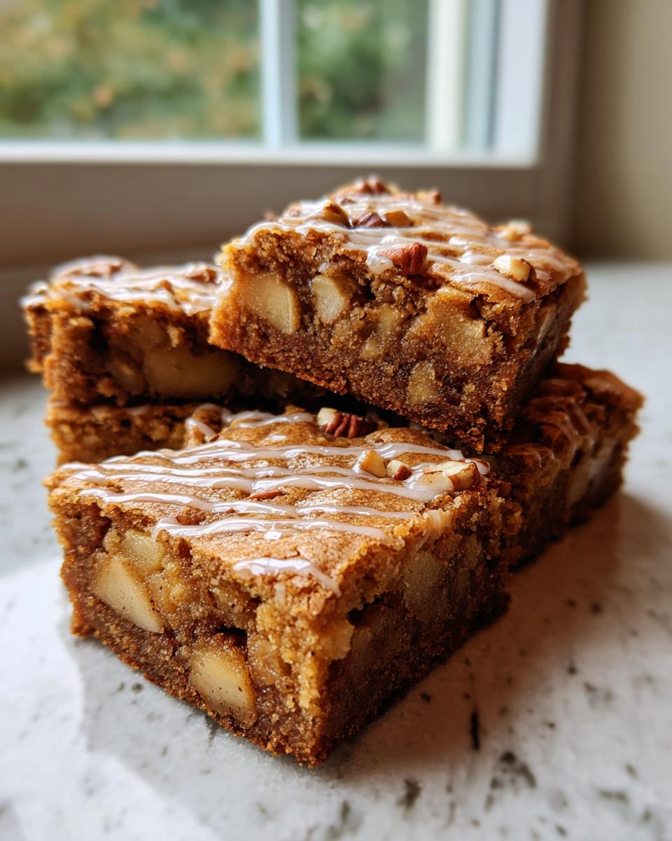 A stack of moist apple brownies featuring visible chunks of apple, topped with a white glaze drizzle and chopped pecans.