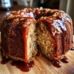 A moist apple bundt cake with a slice removed, generously drizzled with thick caramel sauce and nuts.