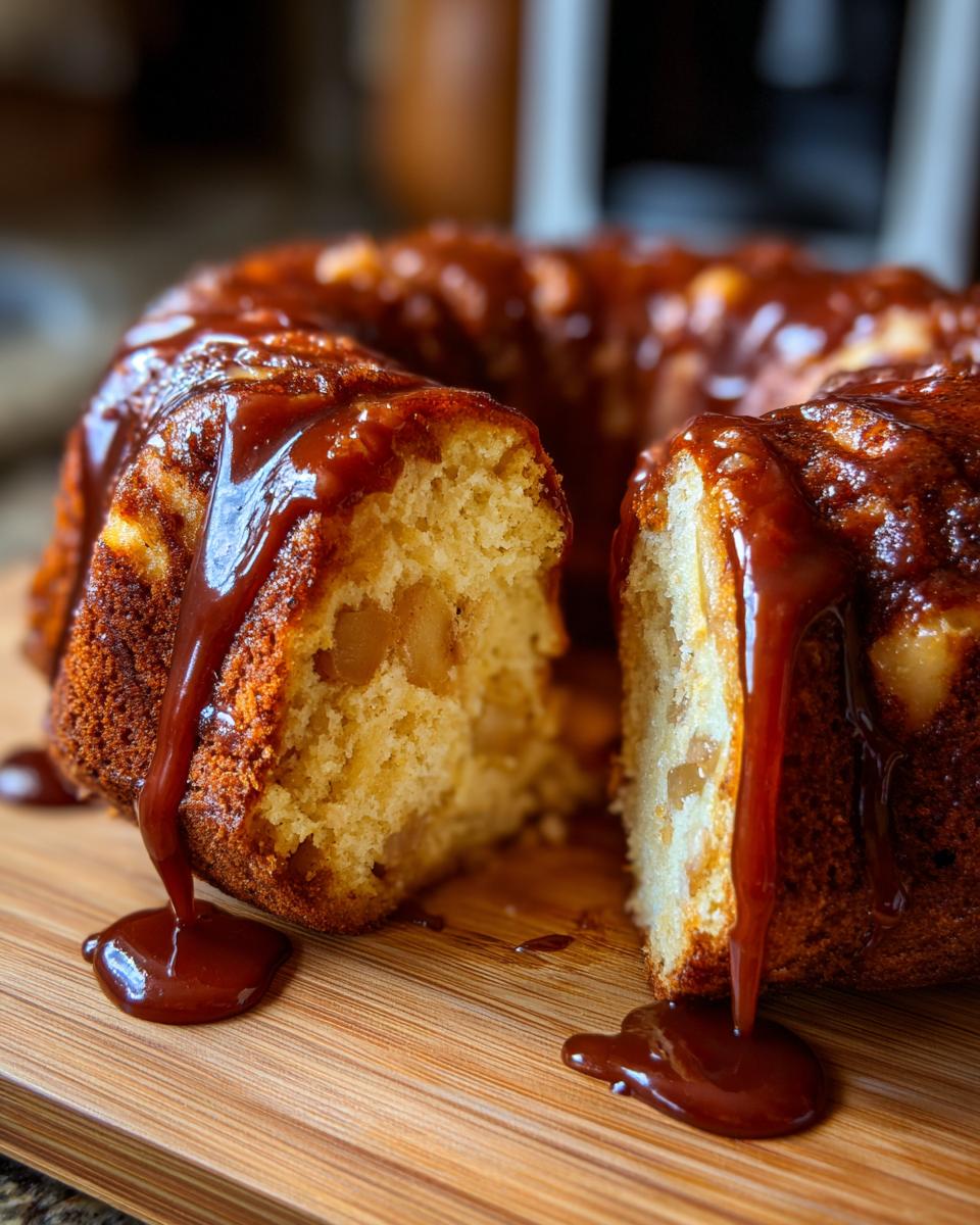A slice cut from a moist apple bundt cake generously topped with dripping caramel sauce.