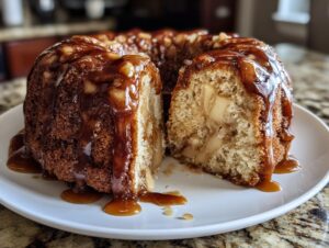 A slice cut from a moist apple bundt cake, generously topped with caramel sauce and nuts.