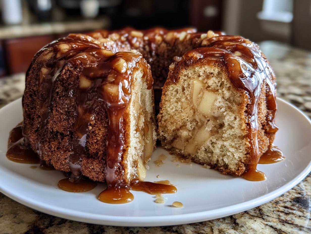 A slice cut from a moist apple bundt cake, generously topped with caramel sauce and nuts.