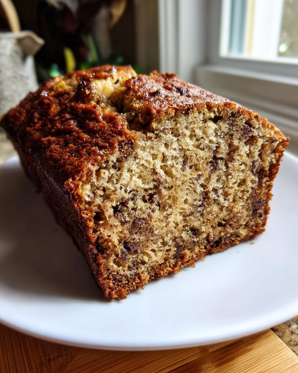 Close-up of a moist slice of banana bread recipe showing chocolate chips and a dark, caramelized crust.