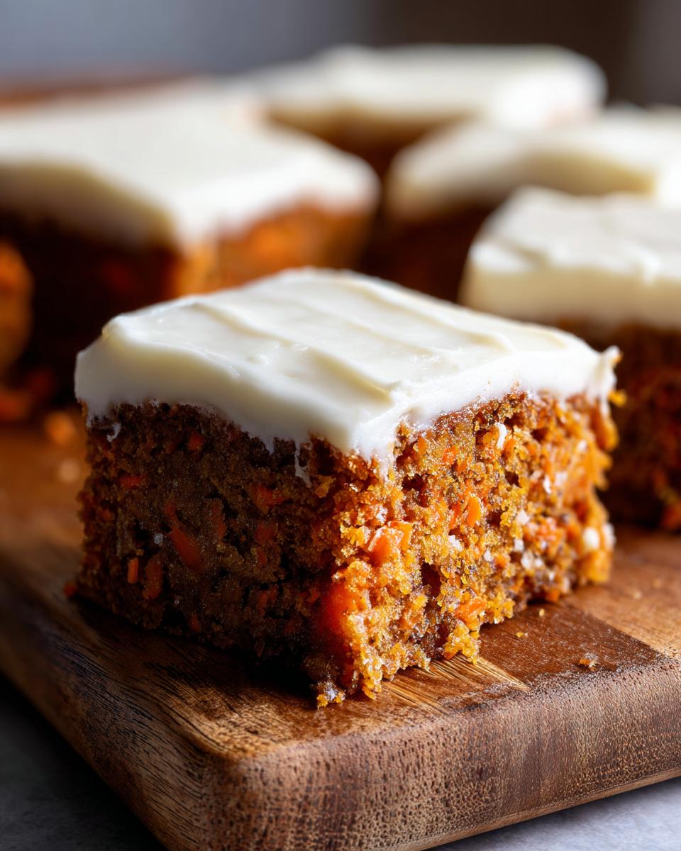 A close-up of a single square of moist carrot cake bars topped with thick cream cheese frosting.