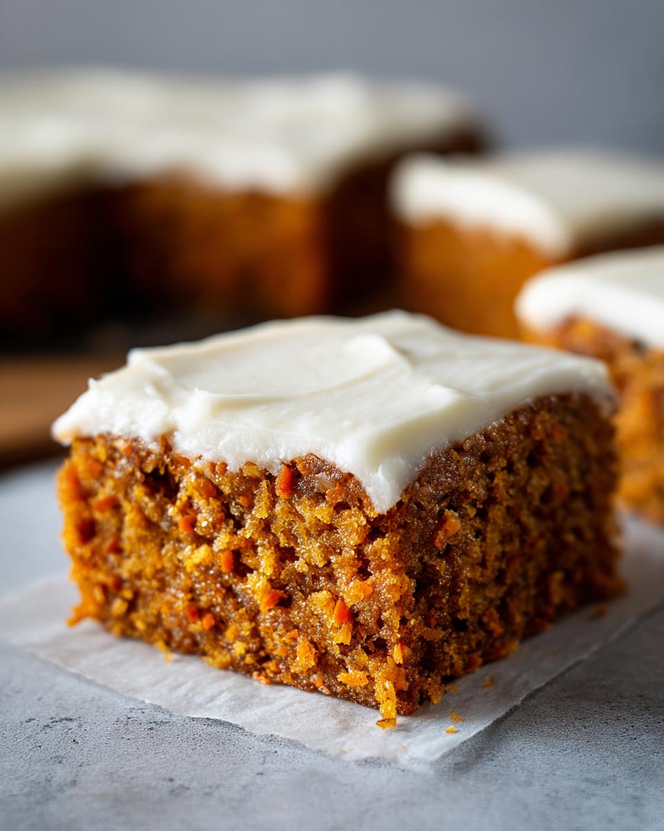 A close-up shot of a single, moist square of carrot cake bars topped with thick white cream cheese frosting.