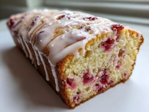 Close-up of a sliced loaf of moist cherry cake topped with a thick white vanilla glaze.