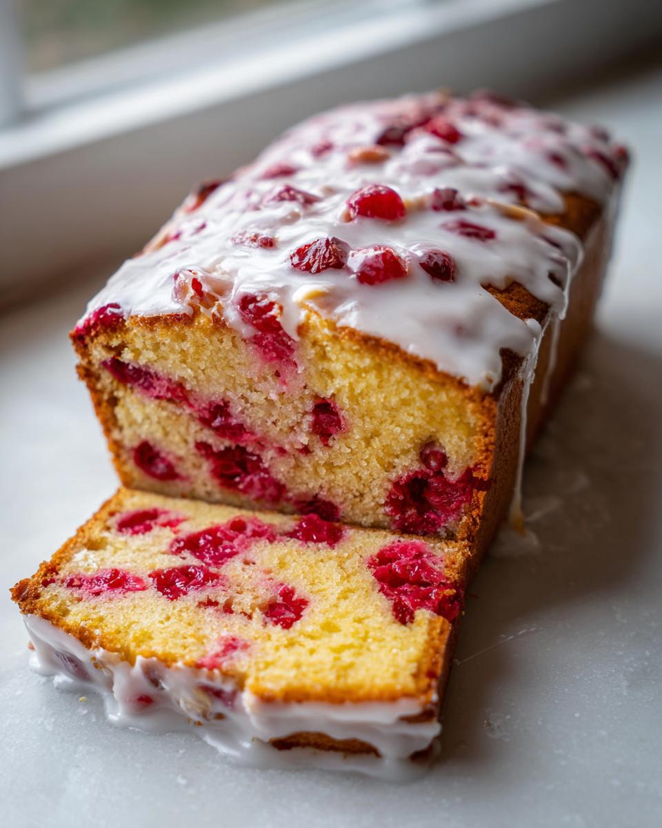 A slice cut from a loaf of moist cherry cake topped with white icing and whole cherries.