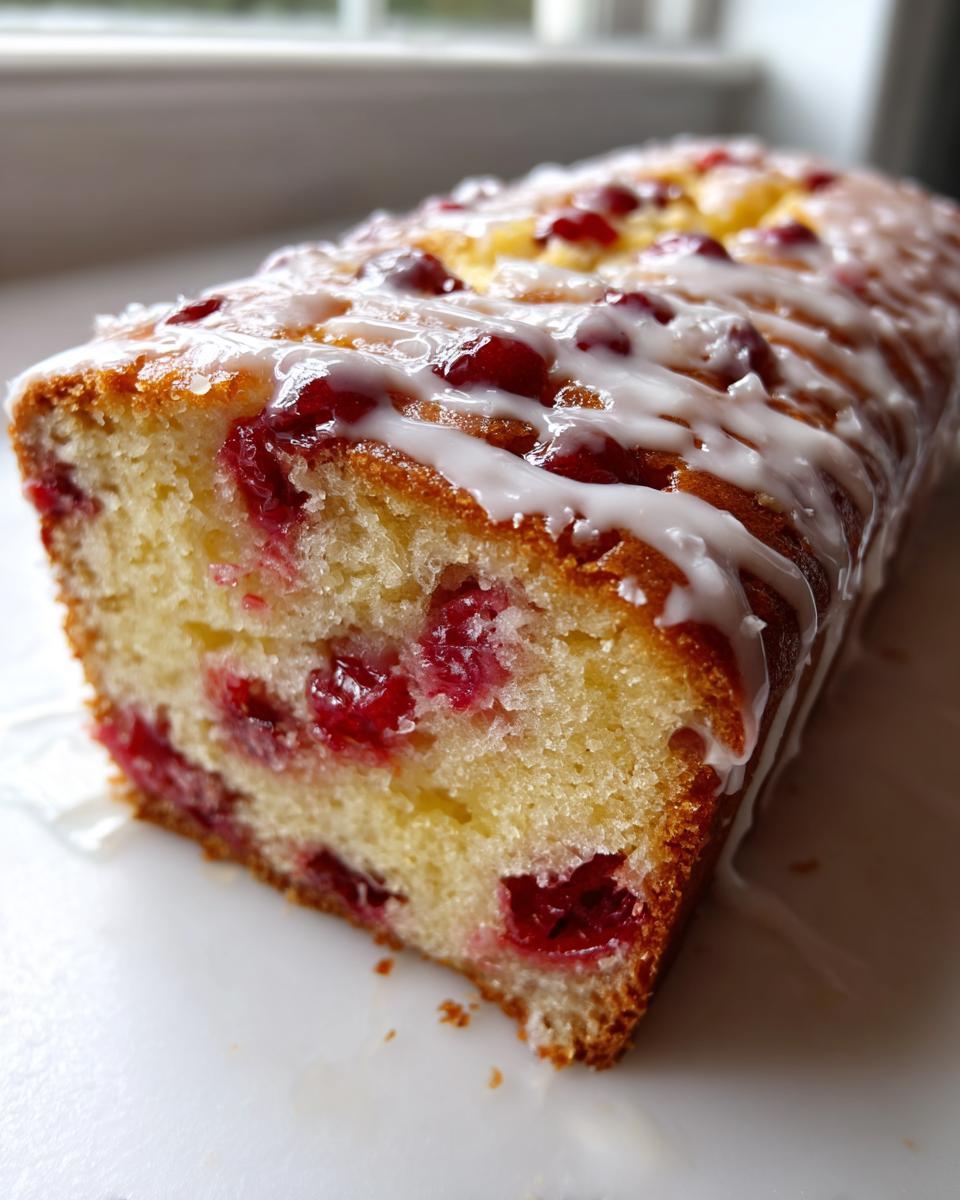 Close-up of a moist slice of homemade cherry cake, studded with red cherries and drizzled with white icing.