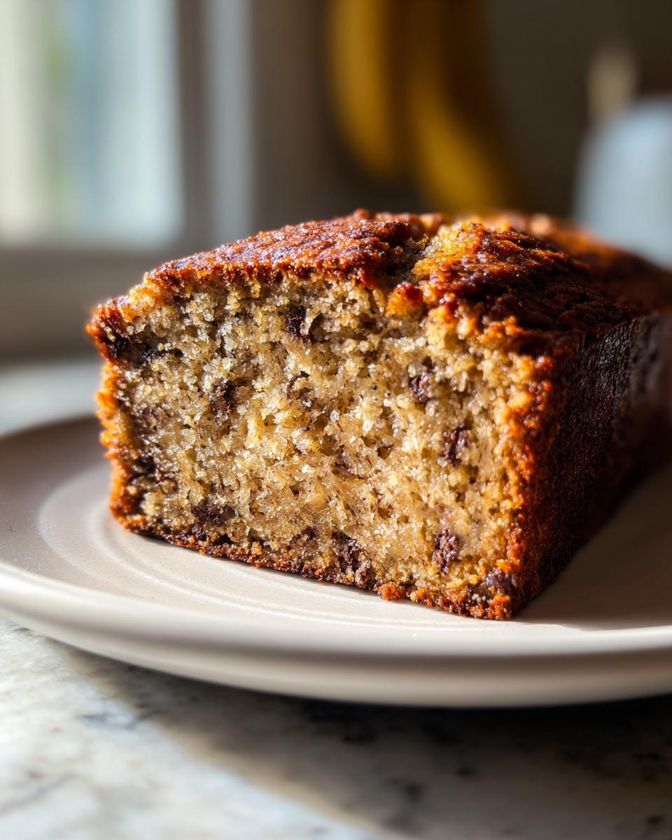 Close-up of a moist slice of chocolate chip banana bread recipe with a dark, caramelized crust.